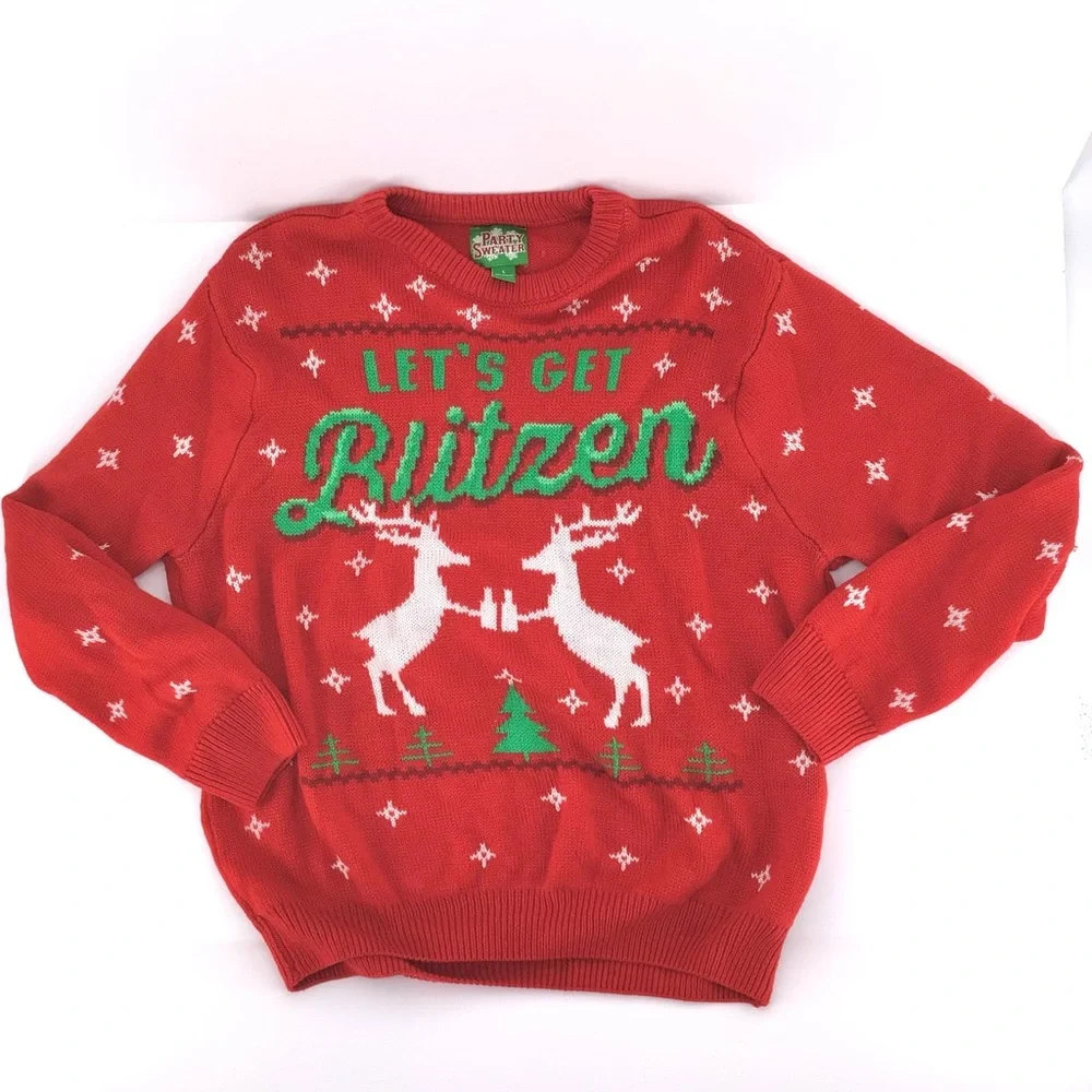 Party Sweater Red Crew Neck Lets get Blitzen Christmas L/S Sweater Size Large